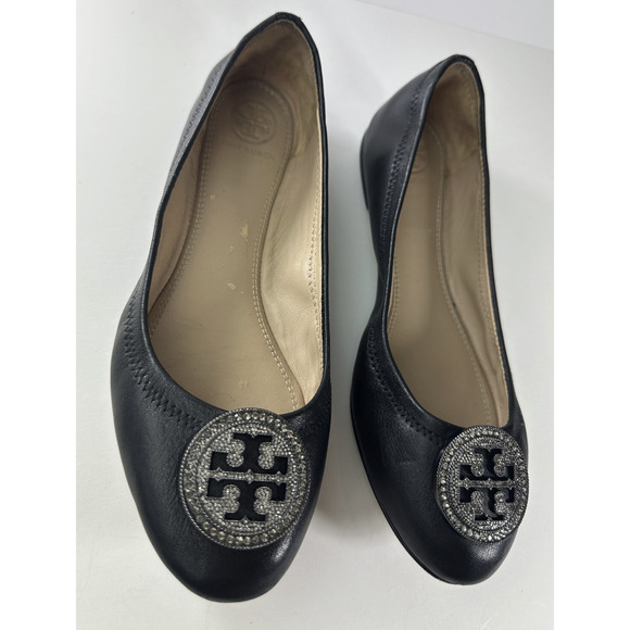 Tory Burch Liana Rhinestone Jewel Embellished Ballet Flats Black Leather Sz 6.5 - Picture 4 of 16